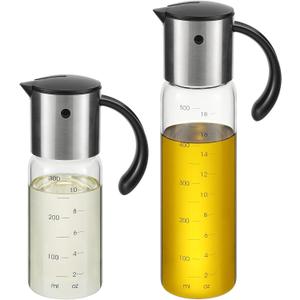 Vucchini Large Olive Oil Dispenser Bottle Kitchen Cooking Oil Dispenser Auto Flip Soy Sauce Container -Stainless Steel Leakproof Vinegar Glass Cruet (10 oz and 17 oz Set)