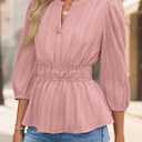 ZESICA Women's 2026 Fall Babydoll Peplum Tops V Neck Puff 3/4 Length Sleeve Shirts Dressy Casual Blouses (Pink, S)