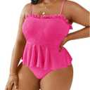 MakeMeChic Women's Plus Size 2 Piece Tankini Sets Textured Frill Trim Ruffle High Waist Swimsuit Bathing Suit, 1XL