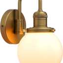 Yosoan Brass Boho Wall Sconce with Milk Round Glass, 1-Light Indoor Hardwired Vanity Modern Luxury Vintage with Globe Shade Retro Curved Rod Fixture for Bathroom Bedside Kitchen(Antique)