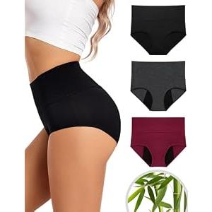 EcoPeriod Bamboo Period Underwear for Women Heavy Flow High Waist Postpartum Underwear Menstrual Leakproof Period Panties 3 Pack(Black + DeepGray + WineRed,4XL)