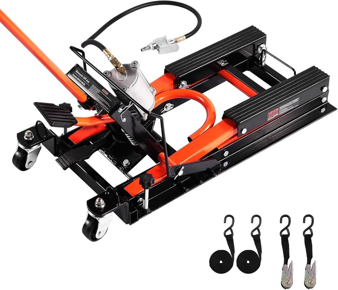 VEVOR Motorcycle Lift, 1500lbs Weight Capacity, Hydraulic & Pneumatic Motorcycle Jack, 4.1-15 in Height Range, Heavy Duty Bike Repair Stand with Removable Ramp with 2 Casters for ATVs, Dirt Bike