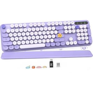 Wireless Keyboard, Round Keycaps, Retro Typewriter Keyboard with Detachable Wrist Rest, Sleep Mode, Foldable Legs, 2.4GHz Full-Size Cordless Computer Keyboard for Windows/PC/Laptop (Colorful-Purple)