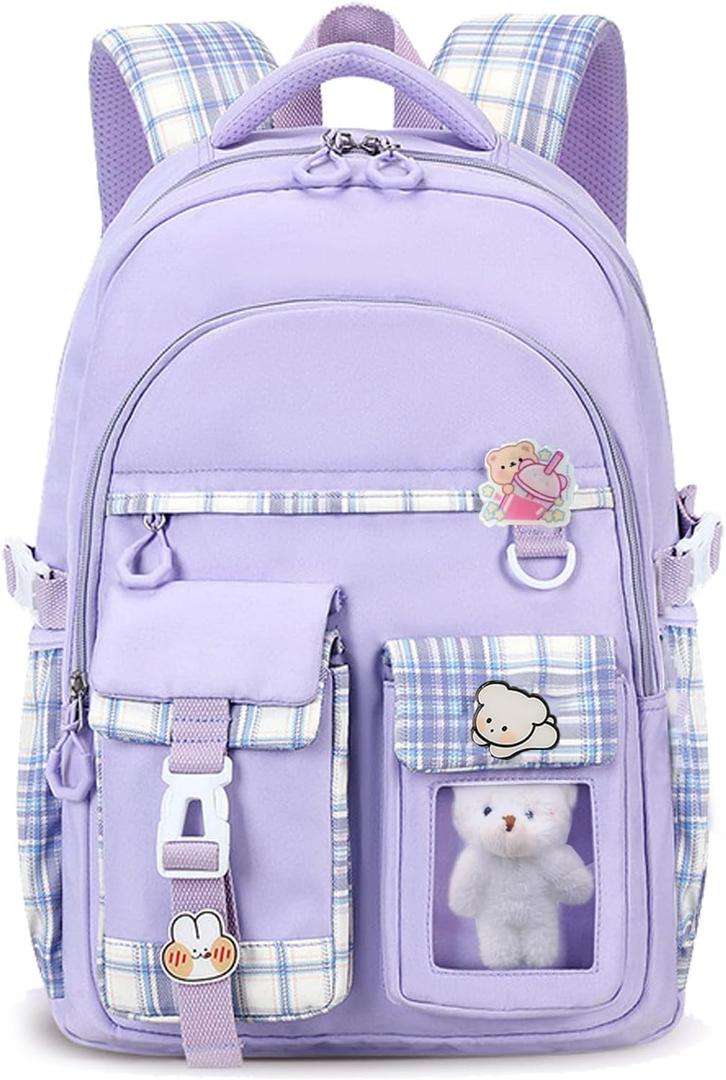 PRLINJSK Girls BackpackCute School Backpack for Girls Kids TeensKawaii Bookbag for Primary ElementaryPurple