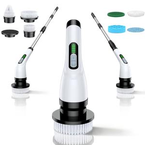 Electric Spin Scrubber - Cordless Bathroom Scrubber with 7 Brush Heads - Dual Speed IPX7 Waterproof Power Scrubber for Heavy-Duty Bathtub, Glass, Tile, and Car Cleaning (White)
