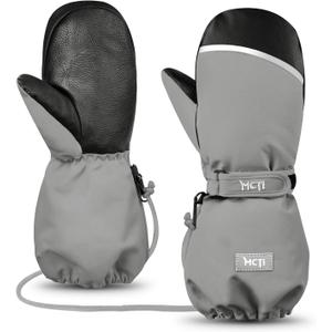 MCTi Kids Mittens Waterproof Winter Ski Warm Sherpa Lined Long Cuff with String (Gray, XS)