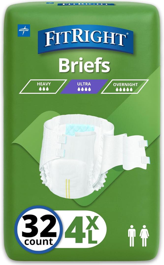 Medline FitRight Incontinence Diapers, Specialty Size Adult Diapers, For Men And Women, Maximum Protection, Waist Size 65"94", 4XL, 8 briefs per bag, 32 briefs per case