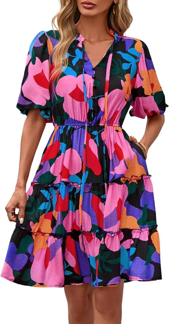 BTFBM Women Summer Floral Short Dresses V Neck Short Sleeve Tiered Ruffle Boho Swing Dress A-Line Mini Dresses, Large