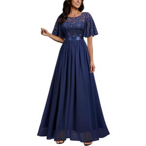 Miusol Women's Elegant Sequin Lace Butterfly Sleeve Formal Evening Maxi Dress (A-navy Blue)