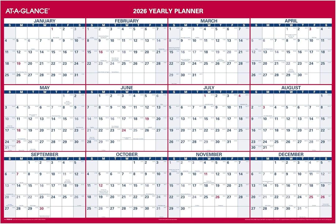 AT-A-GLANCE 2026 Erasable Calendar, Dry Erase Wall Planner, 48" x 32", Extra Large, Vertical-Horizontal, Reversible (PM3262826)