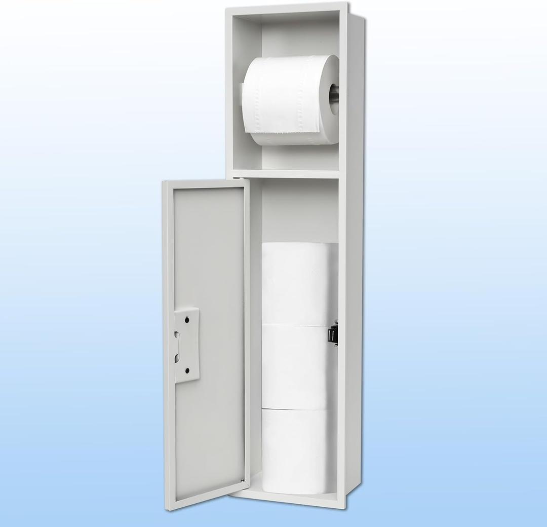 Recessed Toilet Paper Holder Wall Cabinet - 304 Stainless Steel, Matte Black | Space-Saving, Large Capacity & Damp-Proof Bathroom Storage (White)