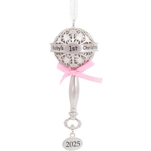 Hallmark Baby's First Christmas Silver Rattle with Pink Ribbon 2025 Christmas Ornament, Metal, New Baby Gifts
