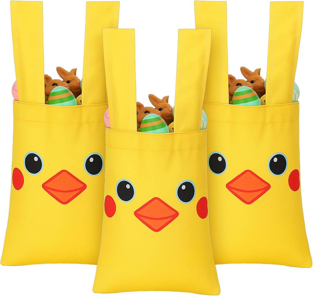 SilTriangle 3 Pcs Easter Canvas Tote Bags with Handles 9.84" x 7.87" Cute Reusable Treat Candy Basket for Happy Easter Party Favors Supplies Egg Hunt Party Shopping Reusable Gift Bags(Yellow Chick)