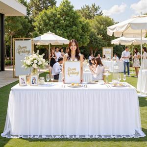 familus 6ft White Table Cloths for Rectangle Tables, 2-in-1 Spandex Fitted Tulle Table Skirt, Rectangular Ruffle Tutu Tablecloth for Craft Fairs, Banquets & Trade Show Display