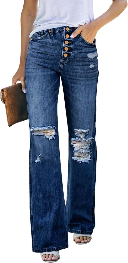 LookbookStore High Waisted Ripped Flare Jeans for Women Distressed Bell Bottom Jeans Wide Leg Pants (Medium, Dark Blue) LookbookStore High Waisted Ripped Flare Jeans for Women Distressed Bell Bottom Jeans Wide Leg Pants (Medium, Dark Blue)