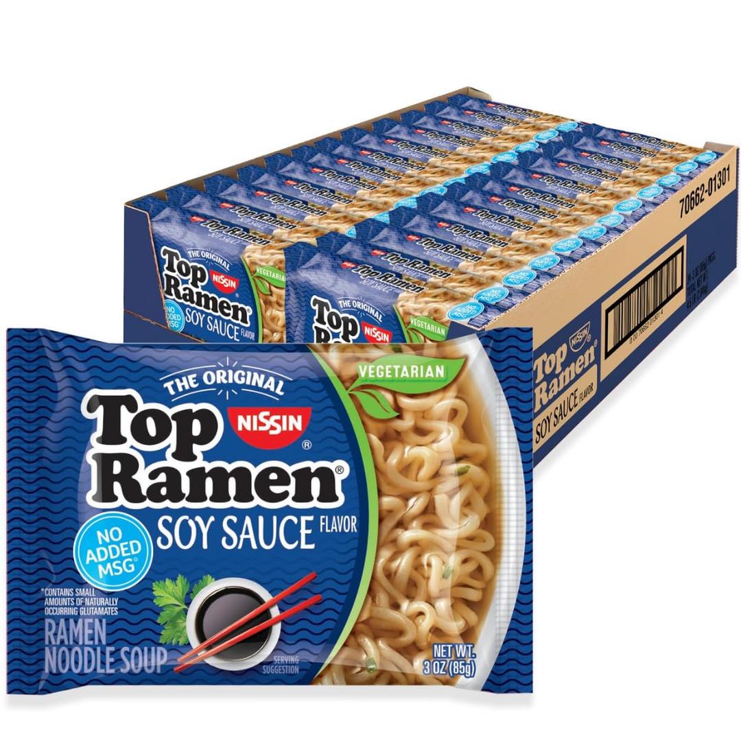 Nissin Top Ramen Noodle Soup, Soy Sauce, 3 Ounce (Pack of 24) (EXP 06/02/27)
