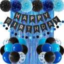 ANSOMO Blue and Black Happy Birthday Party Decorations for Boys, Men Banner Balloons, Navy Royal Light Blue Pom Poms Foil Curtain Decor Supplies 13th 16th 18th 20th 30th 40th 50th 60th 70th 80th
