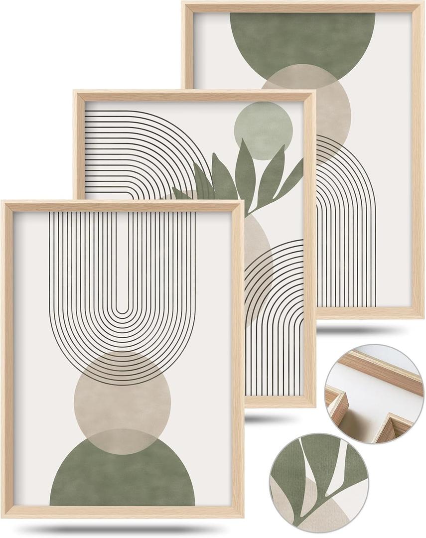 HesenDot Boho Sage Green Framed Wall Art, 12x16in High Framed Design Canvas Prints Wall Decor,Minimalist Abstract Green Poster Home Decoration for Living Room Bedrrom Gallery Office, Set of 3