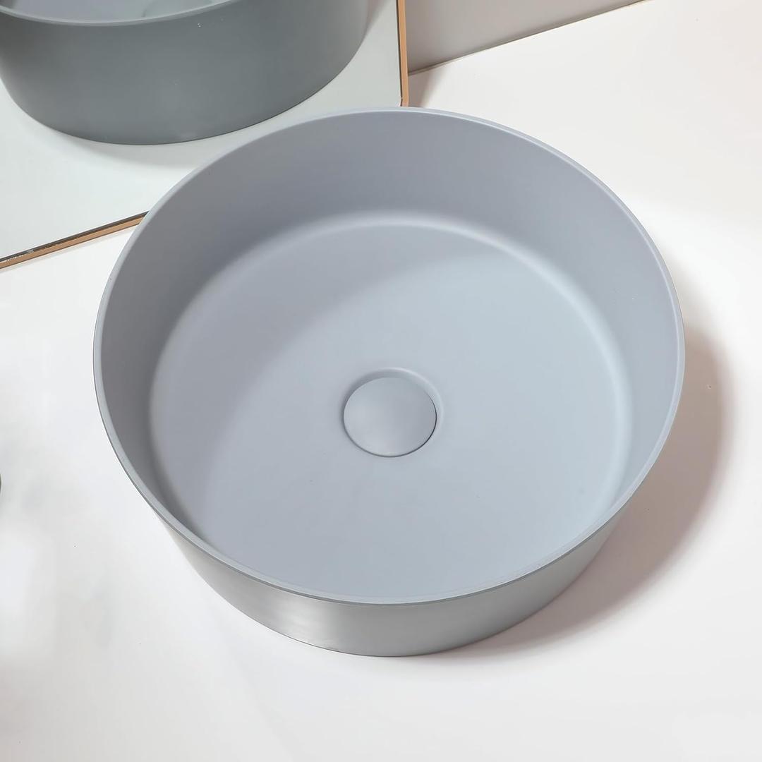 15" Stone Resin Round Gray Bathroom Vessel Sink Above Counter Vanity Sink Bowl With Pop-Up Drain Combo, 15x15x5.2