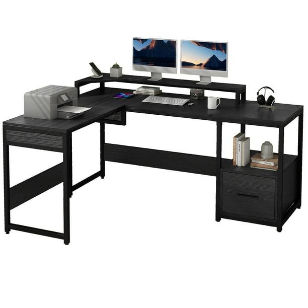 DWVO L Shaped Computer Desk with File Drawer, 65" L Shaped Desk with Monitor Stand, Corner Home Office Desk with Lift Top, Height Adjustable Standing Desk with Storage Shelves, Black