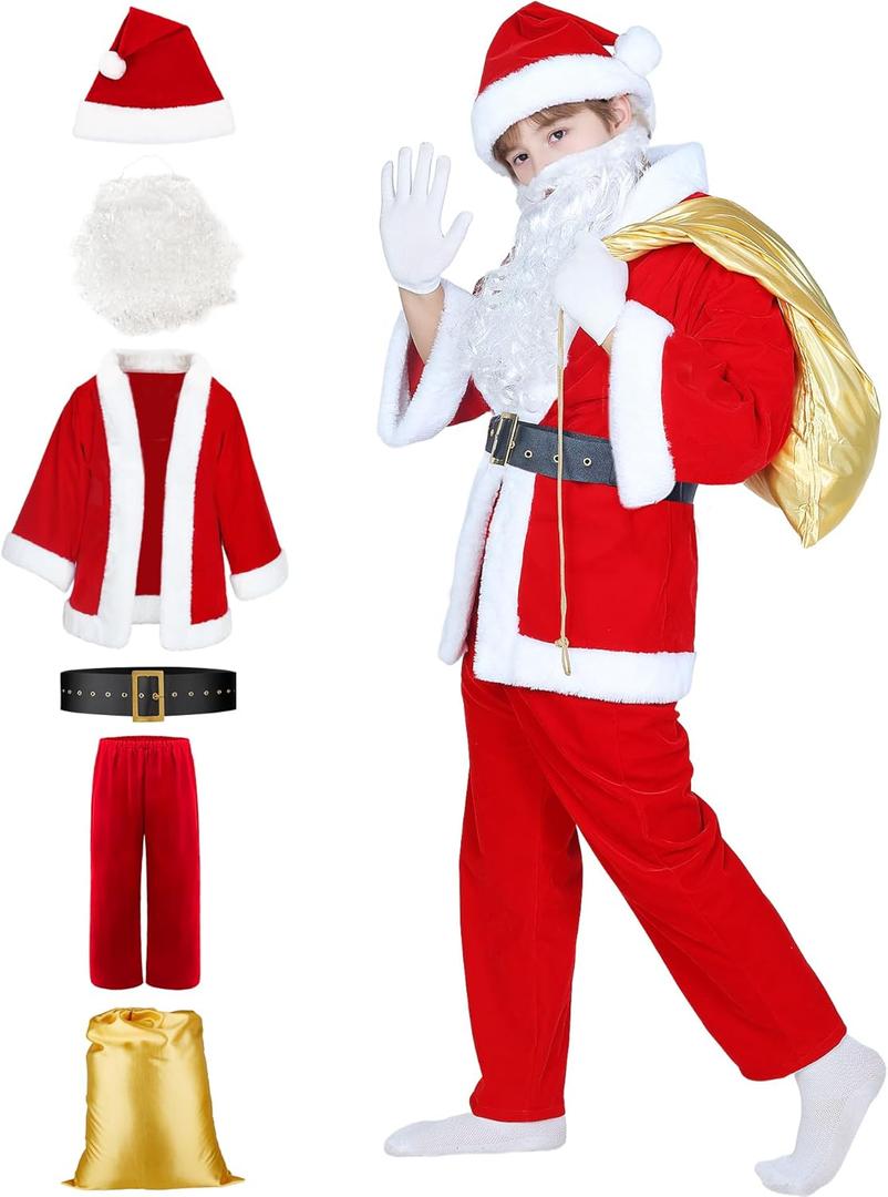 ASOOX Children's Santa Claus Costume  6PCS Boys' Santa Suit for Kids' Christmas Cosplay Party (Large, Red)