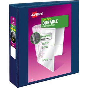 Avery Durable View 3 Ring Binder, 2 Inch Slant Rings, 530-Sheet Capacity, DuraHinge, 2.8 Inch Wide Spine, Customizable Clear Covers and Spine, 1 Dark Blue Binder (17034)