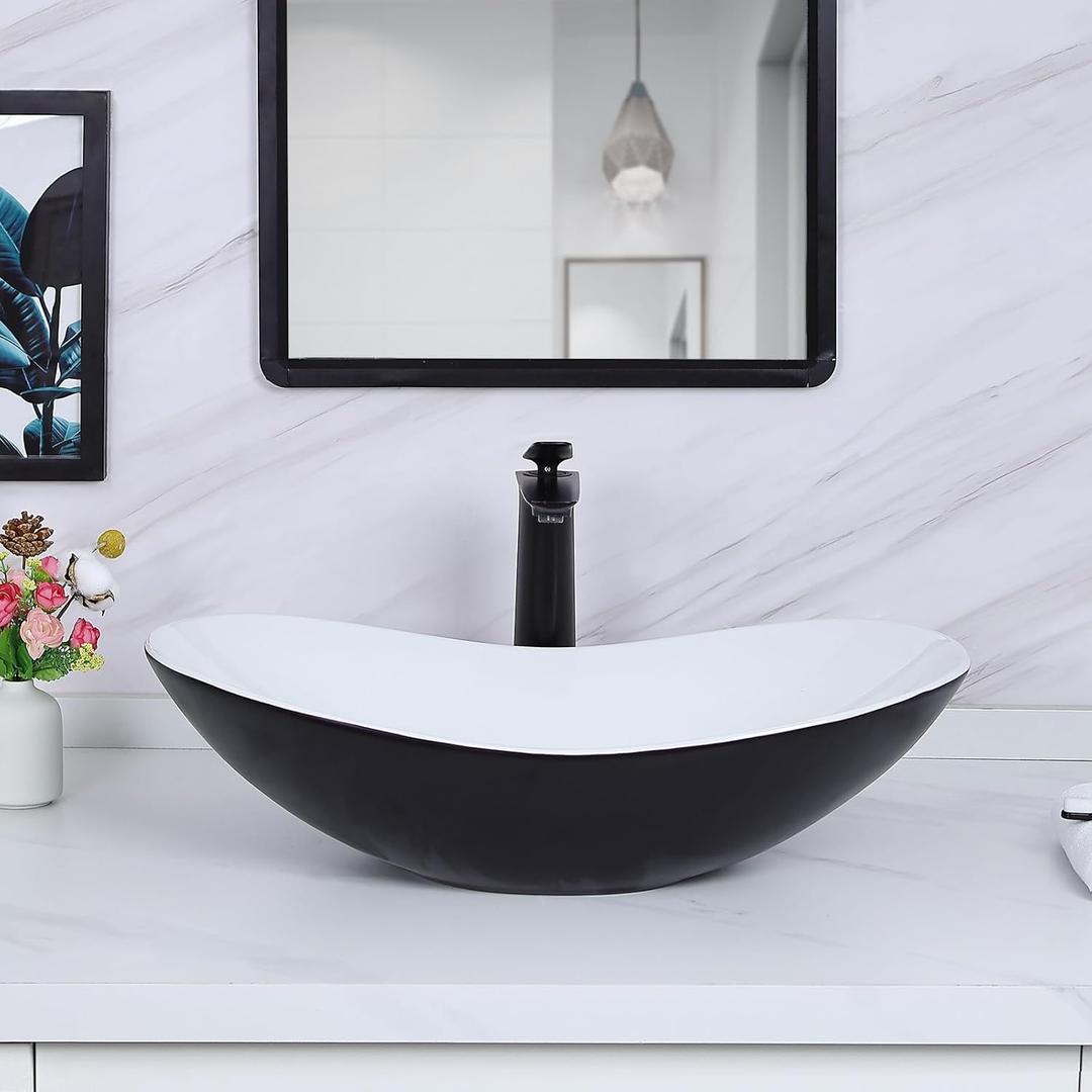 Davivy 24.5'' X 13.8'' Large Matte Black Oval Vessel Sink with Pop Up Drain,Ceramic Bathroom Sink Above Counter,Matte Black and White Vessel Sink for Bathroom (Large)