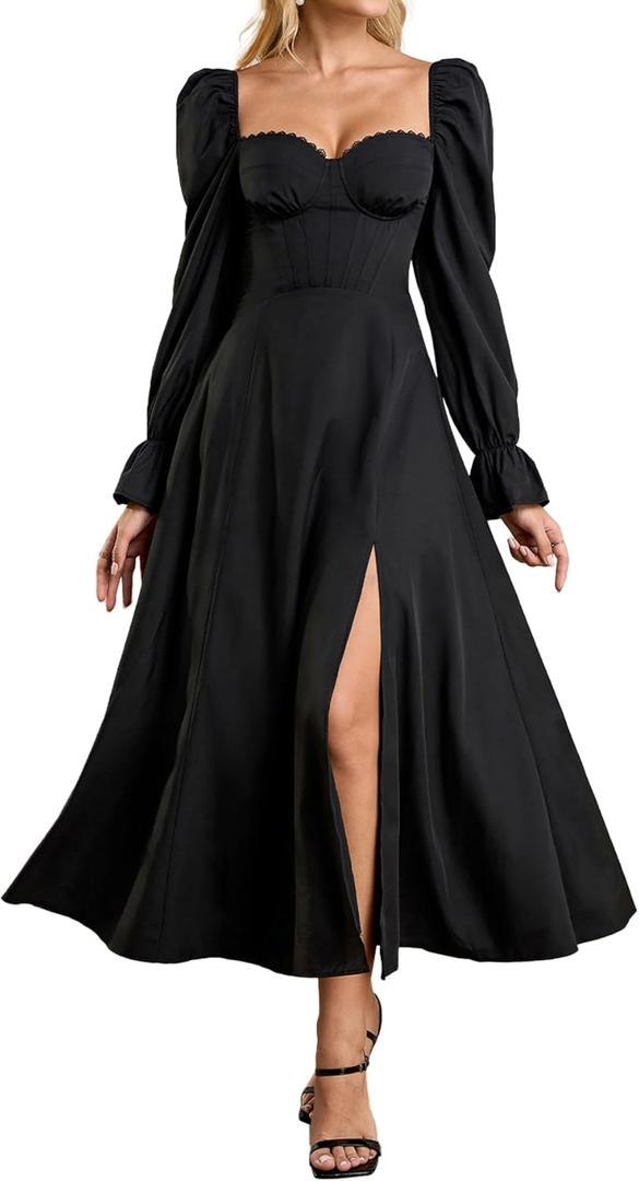 Women High Slit Long Sleeve Maxi Dress Fall Wedding Guest Sweetheart Neckline Casual Long Dresses (Medium, Black)