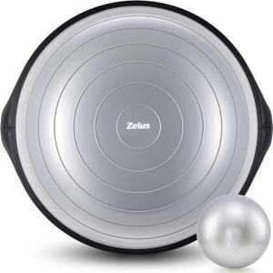ZELUS 25in. Balance Ball | 660lb Inflatable Half Exercise Ball Wobble Board Balance Trainer w Nonslip Base | Half Yoga Ball Strength Training Equipment w 2 Bands, Pump, Extra Ball Included (Gray)