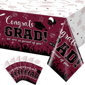 6 Pack Graduation Tablecloth Party Decorations, Class of 2026 Congrats Grad Plastic Tablecover Party Supplies, Maroon Rectangle Graduation Table Decorations for College High School Party, 54 x 108Inch