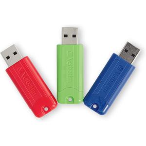 Verbatim 128GB Pinstripe USB 3.2 Gen 1 Flash Drive Retractable Thumb Drive - 3 Pack - Multicolor (Green, Blue, Red)