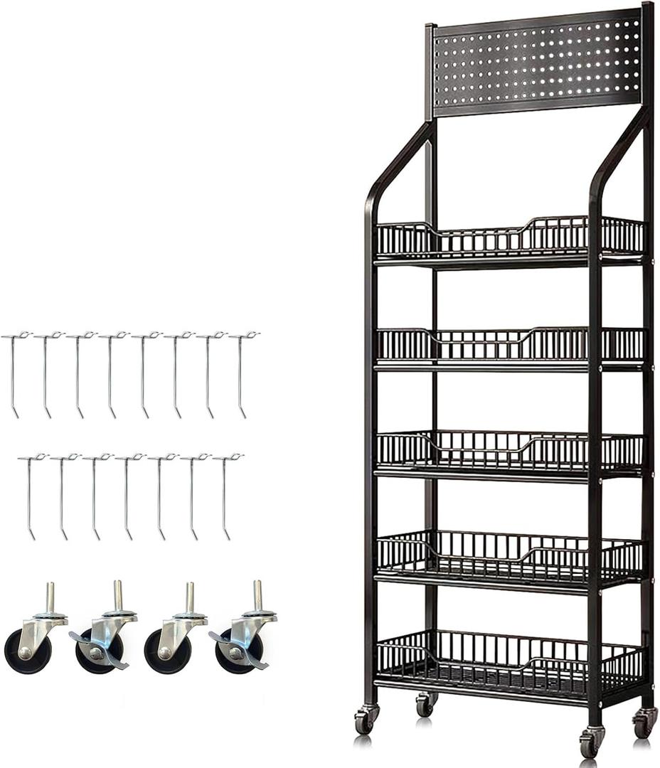5 Tier Retail Candy Display Rack Metal Storage Shelf with Wheels & 5 Hooks Concession Candy Snack Display Racks Sturdy and Stable Chip Shelf Rack for Stores, Kitchen, Office (5 Tier)