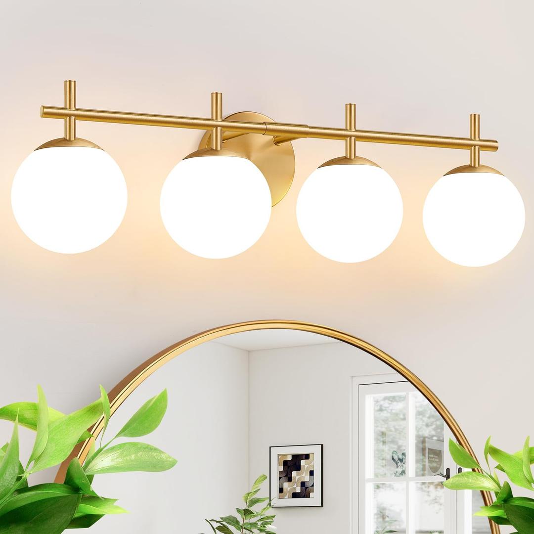 MOKATNG 4-Light Bathroom Light Fixtures, Brushed Gold Vanity Lights for Bathroom with Milky White Glass Shade, Bathroom Lighting Fixtures Over Mirror, Wall Sconce for Bedroom (Bulb Not Included)
