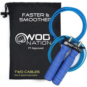 WOD Nation Attack Speed Jump Rope : Adjustable Jumping Ropes : Unique Two Cable Skipping Workout System : One Thick and One Light 11 Foot Cable : Perfect for Double Unders : Men and Women (Blue)