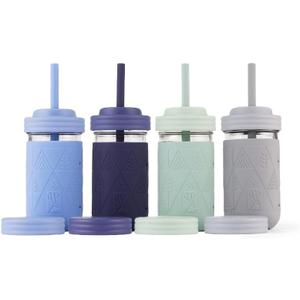 Elk and Friends Kids + Toddler Glass Cups | The Original 12oz Glass Mason Jar with Sleeves + Lids | Silicone Straws + Stopper | Smoothie Cup | Food Storage | Spill Resistant | Dishwasher Safe | 4 Pack (Sage/Navy/MistyBlue/Gray)