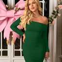 GOKATOSAU Women's Sexy Elegant Ruffle Long Sleeve Off Shoulder Ruched Party Mini Dress (Green, M)