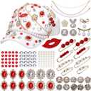Suncalla 54 Pcs DIY Charms Set for Trucker Hats, DIY Hat Accessories Rhinestones Jewelry Brooches Charms Safety Pin for Junk Socks & Shoes (Red,Cute)
