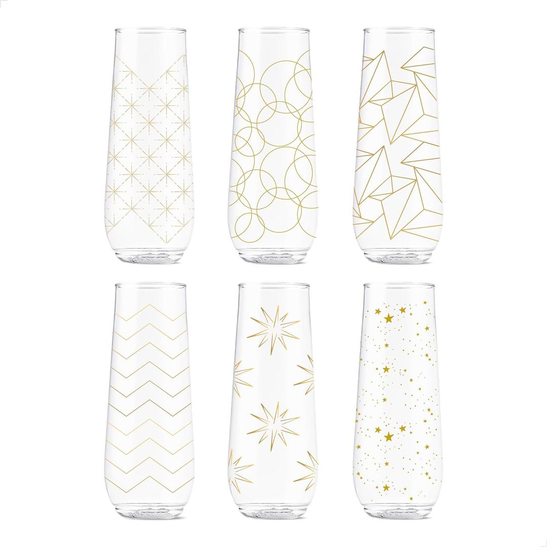 TOSSWARE POP 9oz Flute Festive Cheers Series, SET OF 6, Premium Quality, Recyclable, Unbreakable & Crystal Clear Plastic Printed Champagne Glasses (6 Count (Pack of 1), Festive Cheers)