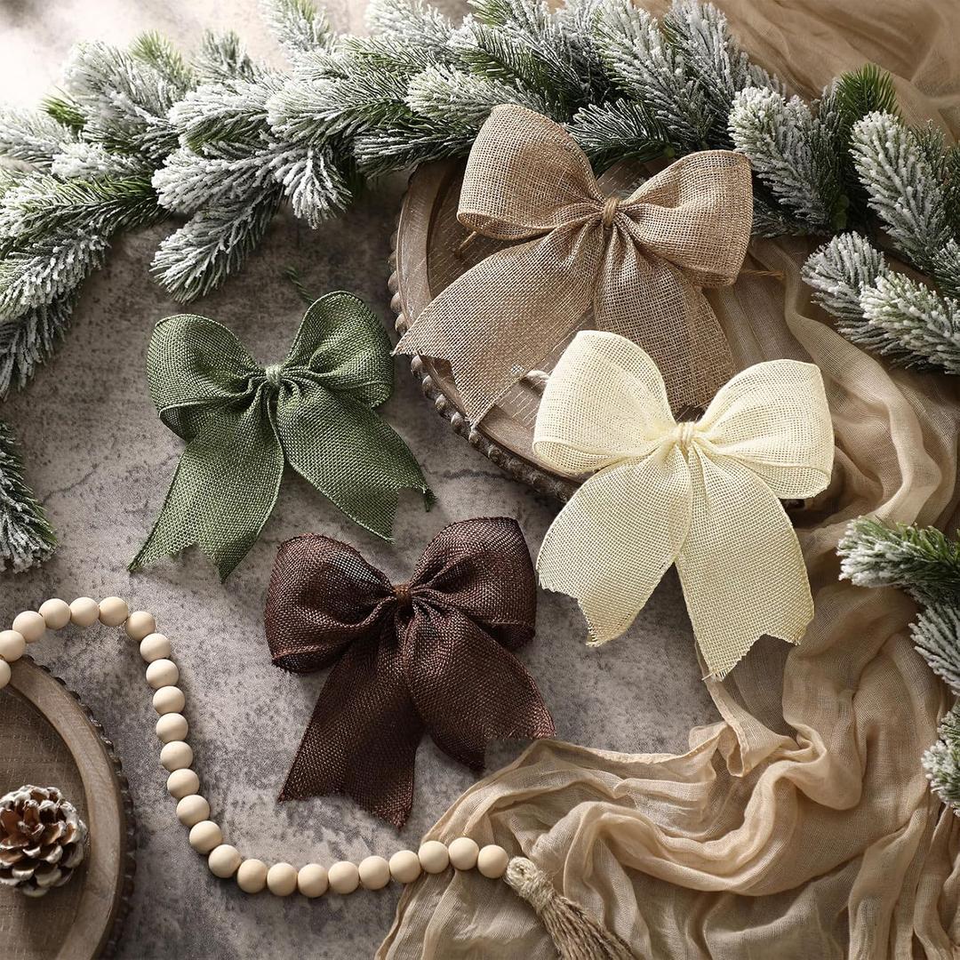 Suncalla 24 Pcs Burlap Christmas Bows Decoration 5.9 Inch Christmas Tree Rustic Ornament Natural Burlap Ribbon Bow Knot for Xmas Tree Wreath Holiday Party Decorations (Neutral)