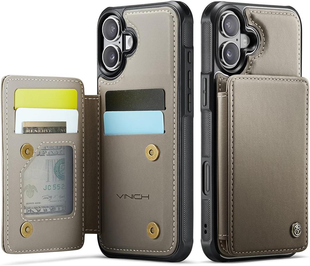Vinich for iPhone 16 Plus 6.7" Wallet Case with Card Holder, RFID Blocking Credit Slots Kickstand Shockproof Phone Cover for Women Men, Gray