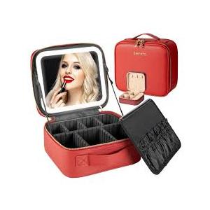 Makeup Travel Bag with LED Lighted Mirror Adjustable Brightness Portable Waterproof Makeup Case with Adjustable Dividers, Make up Train Case Organizer Makeup Brush Accessories and Tool Case 