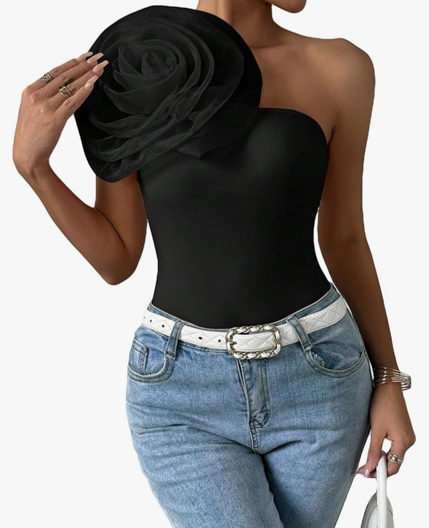 Women's 3D Floral One Shoulder Contrast Mesh Asymmetrical Neck Sleeveless Regular Fit Casual Party Tee Tops XL