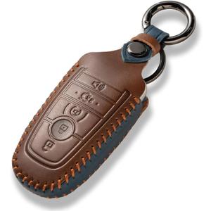 MILD EAST for Ford Leather Car Key Cover, Remote Key Fob Cover Compatible with F150 F250 F350 F450 F550 Lincoln Mustang Fusion Expedition Explorer Escape Edge (5 Buttons,Brown)
