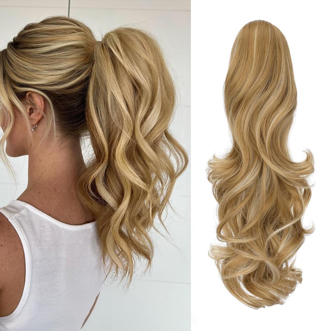 FELENDY Ponytail Extension Claw 18" 20" Curly Wavy Straight Clip in Hairpiece One Piece A Jaw Long Pony Tails for Women (Light Ginger Mix Bleach Blonde,Curly)
