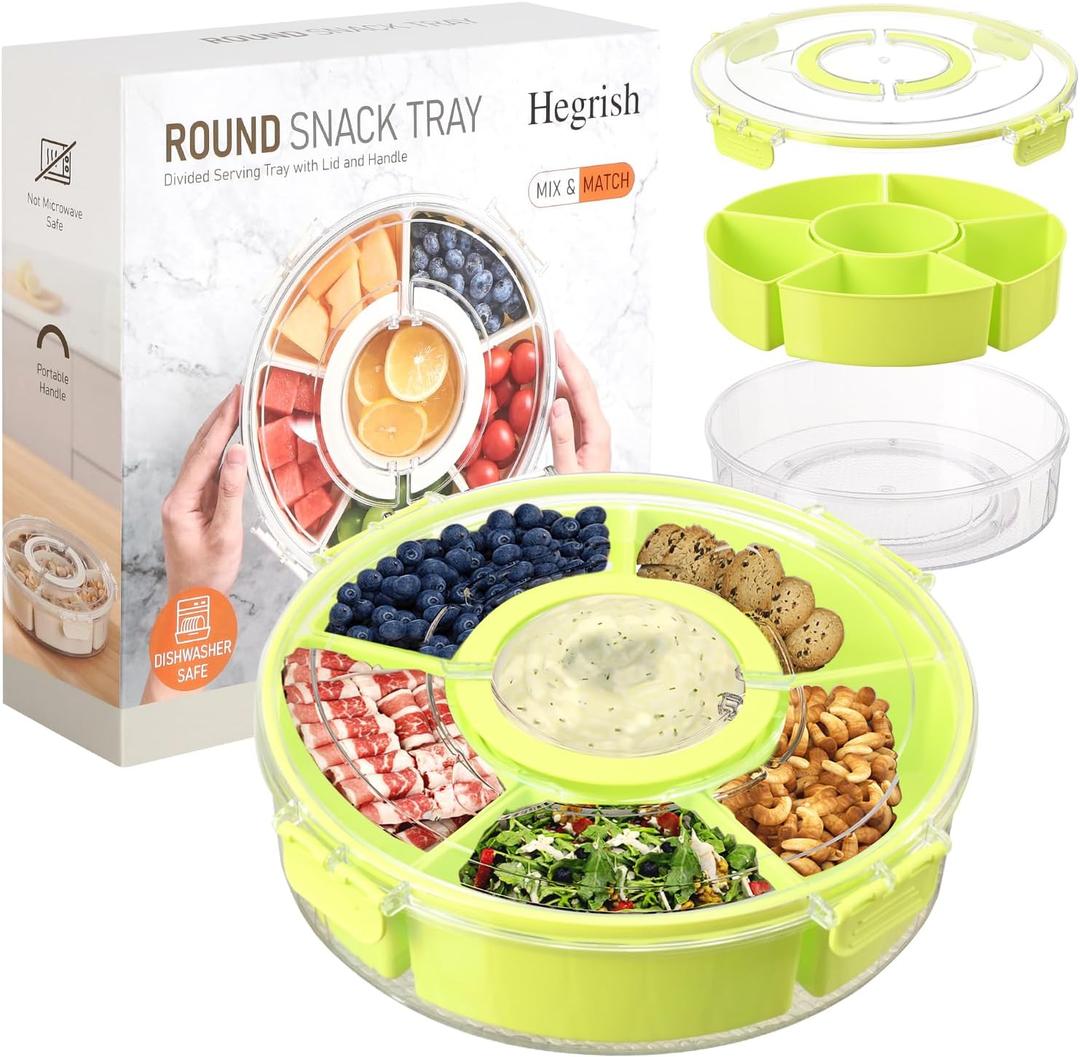 Divided Serving Tray with Lid and Handle, Large Snack Spinner Container, Multi-Purpose Food Platter for Parties, Travel and Picnics, Green