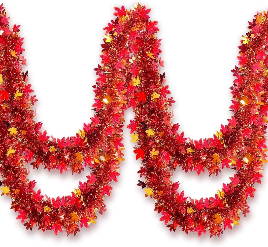33Ft Thanksgiving Fall Tinsel Garland Shiny Hanging Coarse-Textured Red Maple Leaf Metallic Twist Garland Autumn Decor for Fall Party Door Tree Garlands Decorations - (Red & Copper)