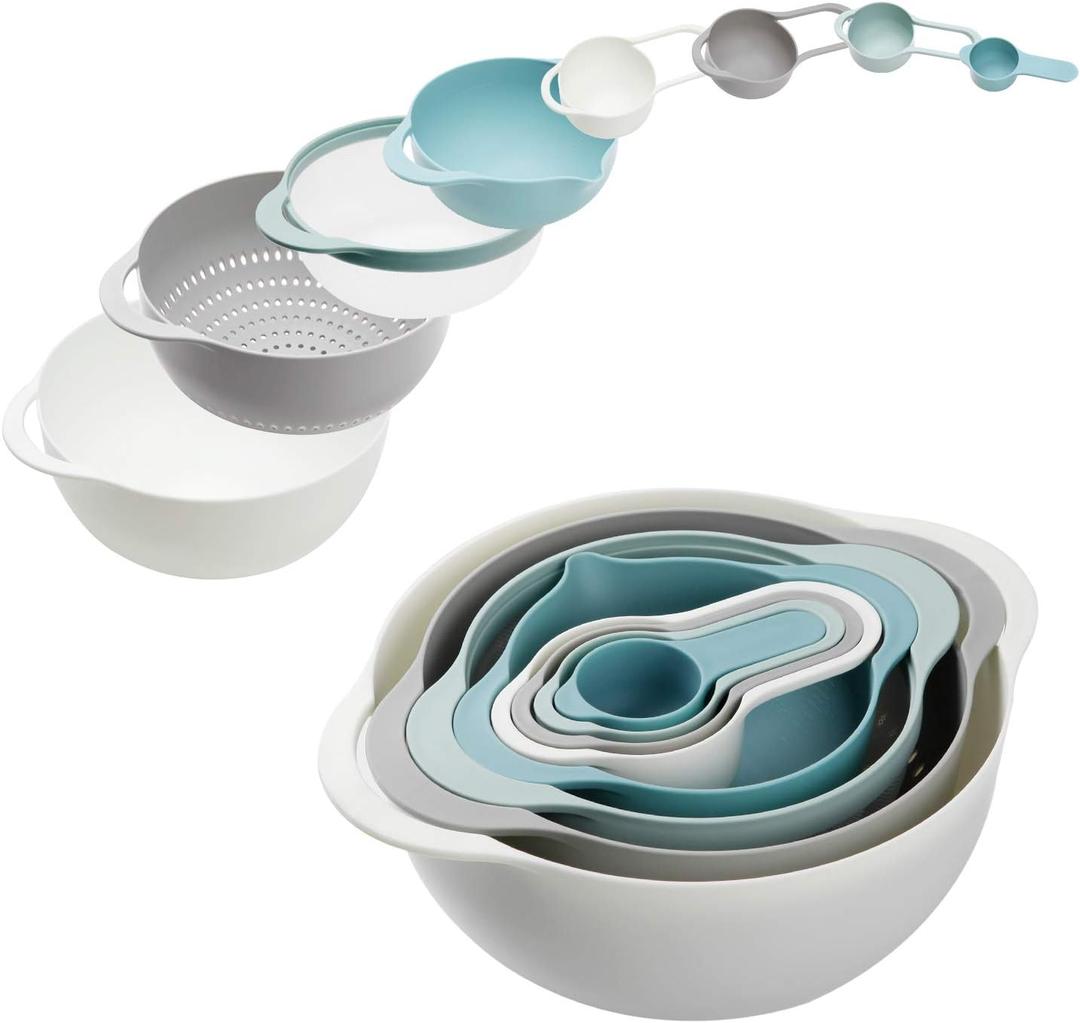 Plastic Mixing Bowls - Multicolored Mixing Bowl Set of 8, Nest for Easy Storage, Inculding Measuring Cups, Colander, Sifter, Large Bowl, Great for Cooking and Baking, Rv Camping Accessories, No BPA (Light Blue)