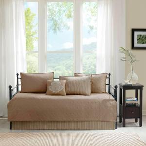 Madison Park Cotton Daybed Cover Set-Double Sided Quilting Classic Cottage Design All Season Bedding with Bedskirt, Matching Shams, Decorative Pillow, 39"x75", Quebec Khaki 6 Piece