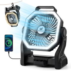 Odoland Camping Fan with LED Lantern, 20000mAh Rechargeable Battery Operated Fan, Portable Outdoor Light with Rotation Hook for Picnic Power Outage Hurricane Emergency Home Patio, Black