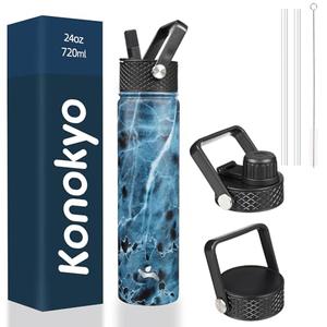 Konokyo Insulated Water Bottle 24oz Stainless Steel Sport Bottles with 3 Lids,Marble Ocean